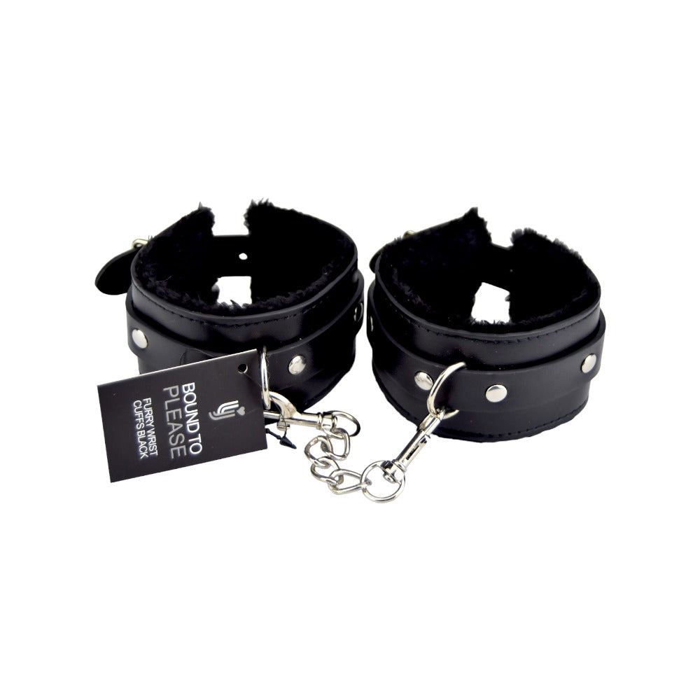 Bound to Please Furry Plush Wrist Cuffs Black - Allure Adornments
